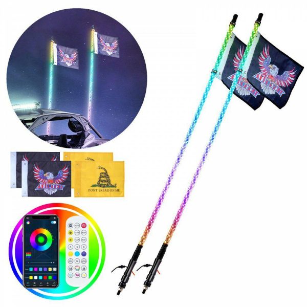 Automotive Accessories |   2 PCS 3 FT Whip Light, APP & RF Remote Control Led Whip Light, Waterproof 360° Spiral RGB Chasing Lighted Whips with 4 Flags, for UTVs, ATVs, Motorcycles, RZR, Can-am, Trucks, Off-road, Go-karts Automotive Automotive Accessories