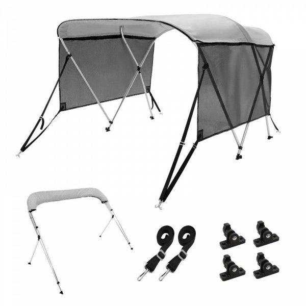 Boat Parts & Accessories |   3 Bow Bimini Top Boat Cover, Detachable Mesh Sidewalls, 600D Polyester Canopy with 1″ Aluminum Alloy Frame, Includes Storage Boot, 2 Support Poles, 2 Straps, 6’L x 46″H x 79″-84″W, Light Grey Automotive Boat Parts & Accessories