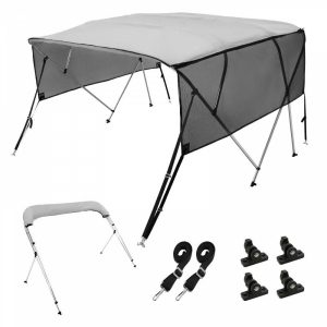 Boat Parts & Accessories |   4 Bow Bimini Top Boat Cover, Detachable Mesh Sidewalls, 600D Polyester Canopy with 1″ Aluminum Alloy Frame, Includes Storage Boot, 2 Straps, 2 Support Poles, 8’L x 54″H x 91″-96″W, Light Grey Automotive Boat Parts & Accessories