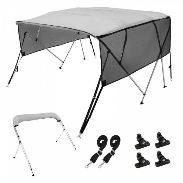 Boat Parts & Accessories |   4 Bow Bimini Top Boat Cover, Detachable Mesh Sidewalls, 600D Polyester Canopy with 1″ Aluminum Alloy Frame, Includes Storage Boot, 2 Straps, 2 Support Poles, 8’L x 54″H x 85″-90″W, Light Grey Automotive Boat Parts & Accessories