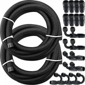 Fuel Transfer & Lubrication |   8AN Fuel Line, 20 Pcs 8AN Fuel Hose Kit, 32.8Ft BK Nylon Stainless Steel Braided Oil Line Hose, NBR CPE Synthetic Rubber AN8 Gas Line, 8AN Universal Fitting Adapter Set with Aluminum Hose End Automotive Fuel Transfer & Lubrication