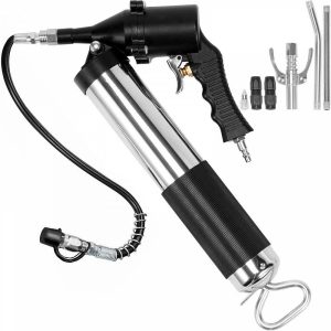 Fuel Transfer & Lubrication |   Air Operated Grease Gun, 6000PSI, 14 OZ/400 CC Capacity Heavy Duty Pneumatic Grease Gun, with 18.5 Inch Flexible Hose, 1 Black Flat Coupler Pointed Coupler Bent Metal Pipe Locking Clamp Coupler Automotive Fuel Transfer & Lubrication