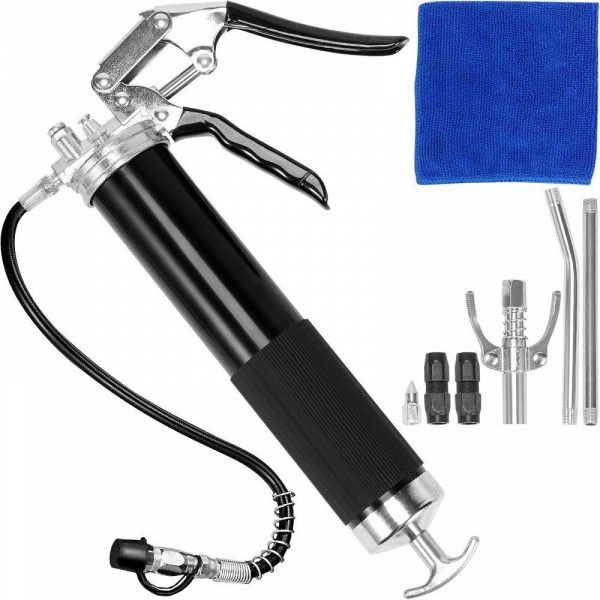 Fuel Transfer & Lubrication |   Pistol Grip Grease Gun, 6000 PSI, 14 OZ / 400 CC Capacity Heavy Duty Professional Grease Gun, with 19.69 Inch Flexible Hose 2 Black Flat Couplers, 1 Pointed Coupler, and 2 Rigid Metal Pipe Automotive Fuel Transfer & Lubrication