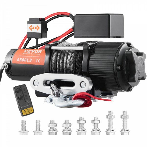 Towing System |   Electric Winch, 12V 4500 lb Load Capacity Nylon Rope Winch, IP55 1/4” x 39ft ATV UTV Winch with Wireless Handheld Remote & Hawse Fairlead for Towing Jeep Off-Road SUV Truck Car Trailer Boat Automotive Towing System