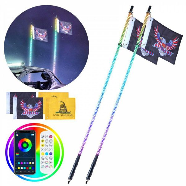 Automotive Accessories |   2 PCS 5 FT Whip Light, APP & RF Remote Control Led Whip Light, Waterproof 360° Spiral RGB Chasing Lighted Whips with 4 Flags, for UTVs, ATVs, Motorcycles, RZR, Can-am, Trucks, Off-road, Go-karts Automotive Automotive Accessories